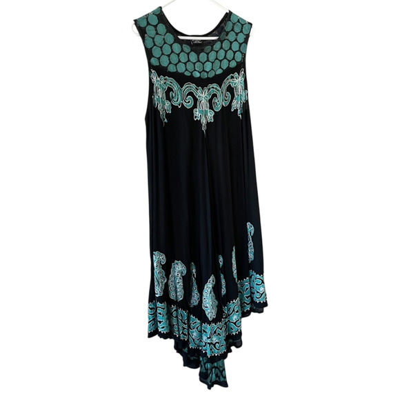 SAKKAS Zayna One Size Black Turquoise Pullover Sleeveless Boho Caftan Tank Dress - Picture 9 of 9